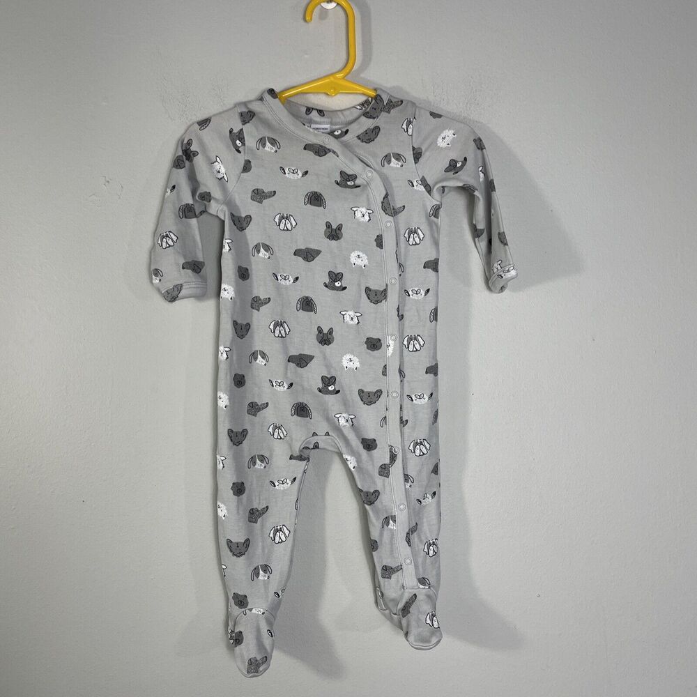 NORDSTROM Baby 6M Footie One Piece Dogs Puppies Print Snap Sleepwear Gray Cotton